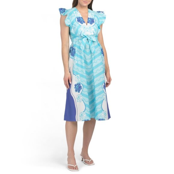CELINA MOON Navy Blue Flutter Sleeve Floral Print Midi Dress - Picture 1 of 2
